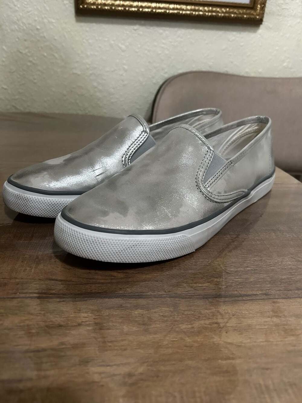 Sperry Top-Sider Metallic Silver Leather Slip-On Sneakers Women's 10M